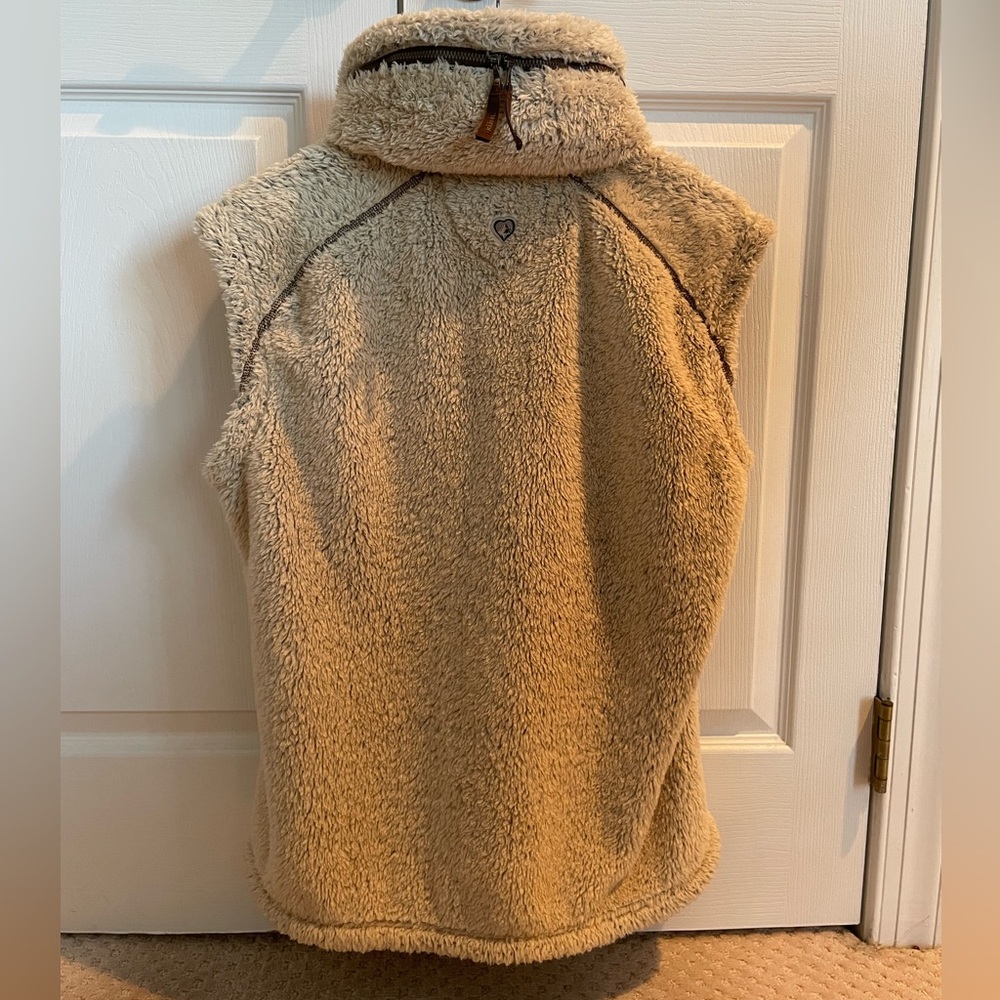 KÜHL Flight Vest Italian Fleece Stowable Hood Full Zip Cream Tan Brown Warm Cozy - Picture 9 of 16